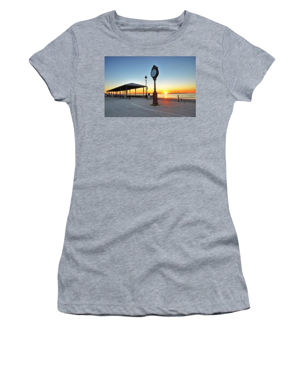 Revere Women's T-Shirt featuring the photograph Revere Beach Clock at sunrise Revere MA by Toby McGuire