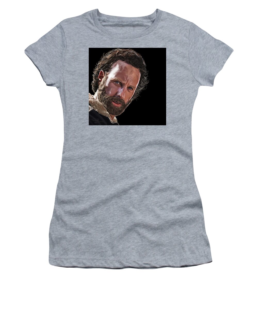 Rick Grimes Women's T-Shirt featuring the painting Rick Grimes The Walking Dead Digital Drawing by Femchi Art