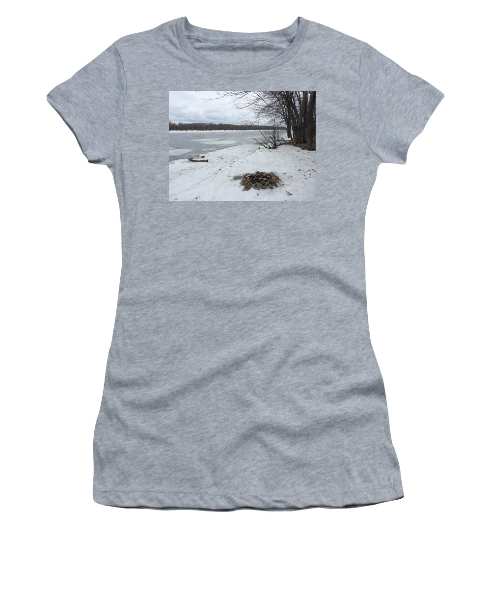 Winter Women's T-Shirt featuring the photograph Riverside Fire Pit by Betty-Anne McDonald