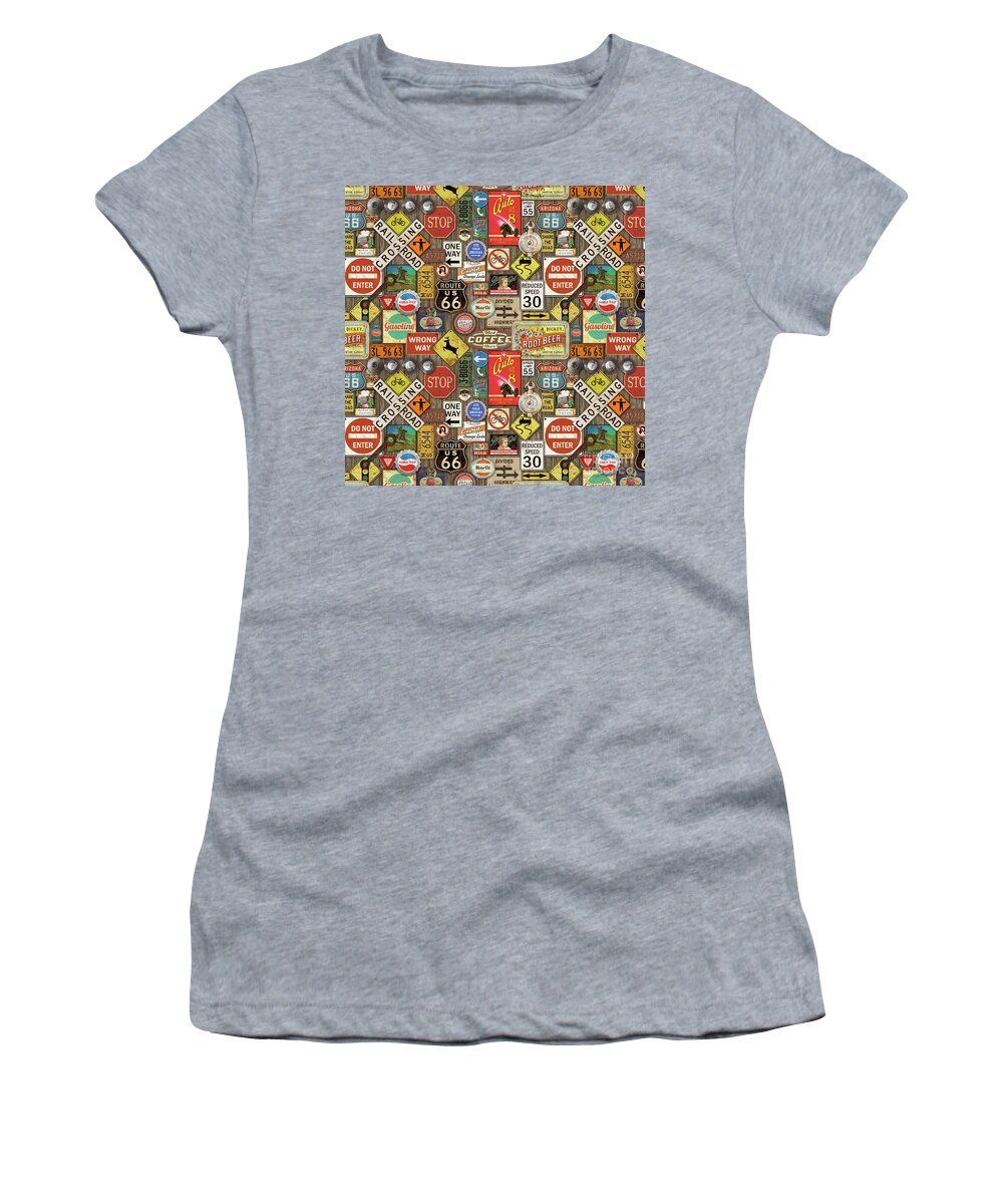 Route 66 Women's T-Shirt featuring the painting Roads Signs on Wood-JP3958-b by Jean Plout