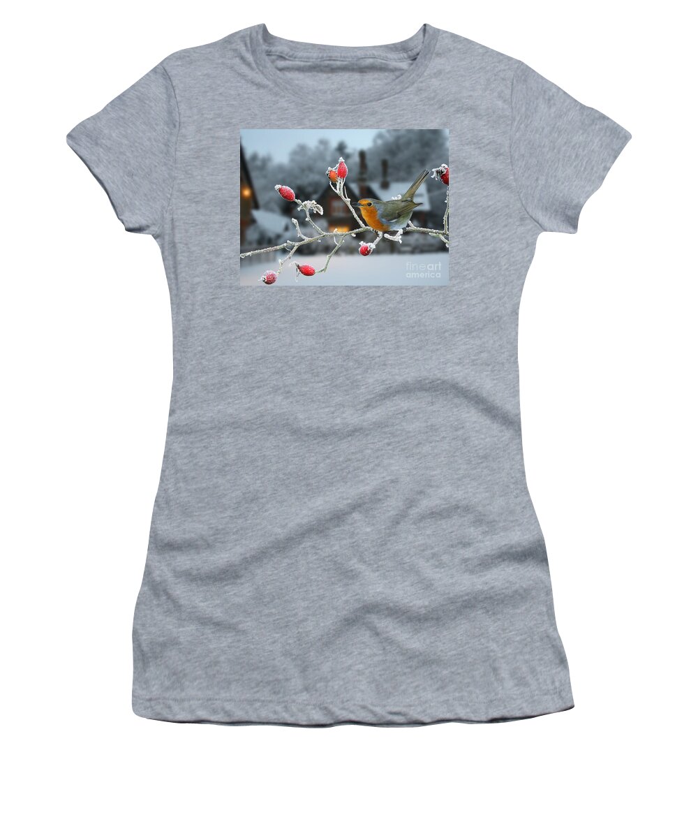 European Robin Women's T-Shirt featuring the photograph Robin and rose hips by Warren Photographic