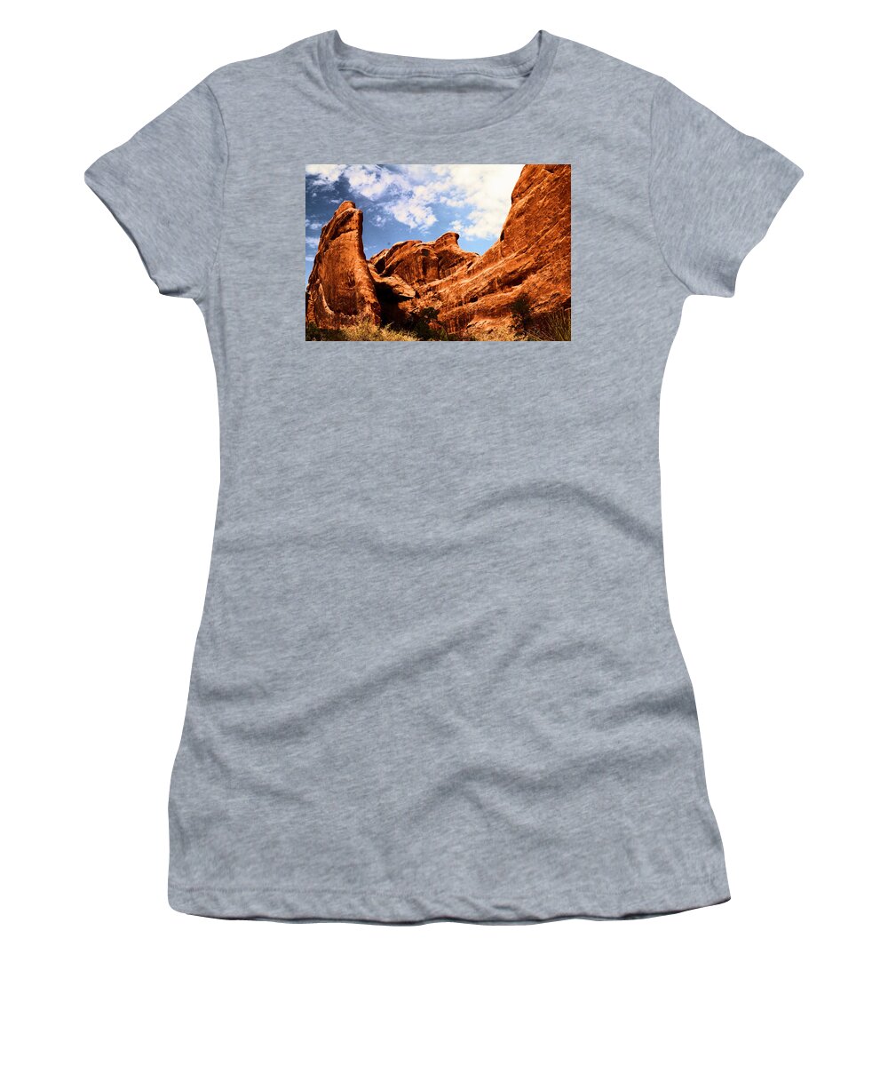 Rocks Women's T-Shirt featuring the photograph Rock formations Arches National park by Jeff Swan