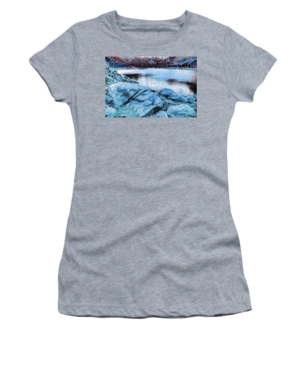 9138 Feet; Alpine; Blue; Brown; Green; Inyo National Forest; Joe Lach; Mountain; Rocks; Sierra Nevada; Red; Orange; Yellow; Digital Art; Blue Women's T-Shirt featuring the digital art Rock Lake by Joe Lach