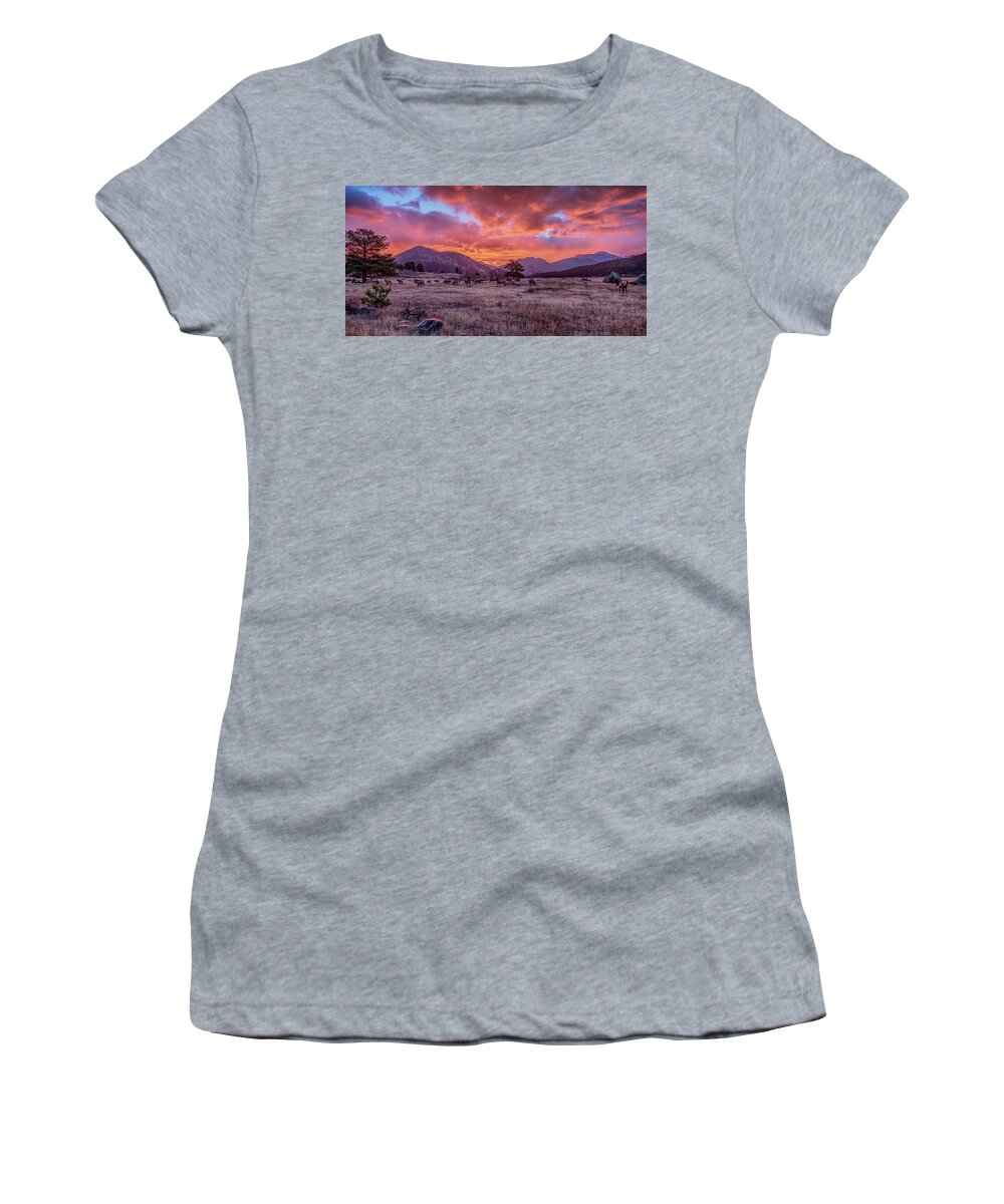 Sunrise Women's T-Shirt featuring the photograph Rocky Mountain Sunrise by Susan Rissi Tregoning