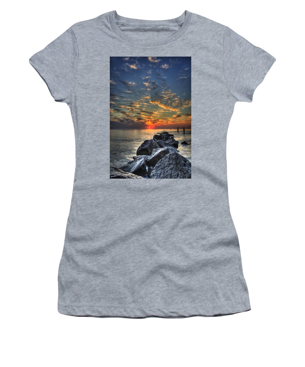 Reid Callaway Rocky Sunrise Tybee Island Women's T-Shirt featuring the photograph Rocky Sunrise Tybee Island 2 by Reid Callaway