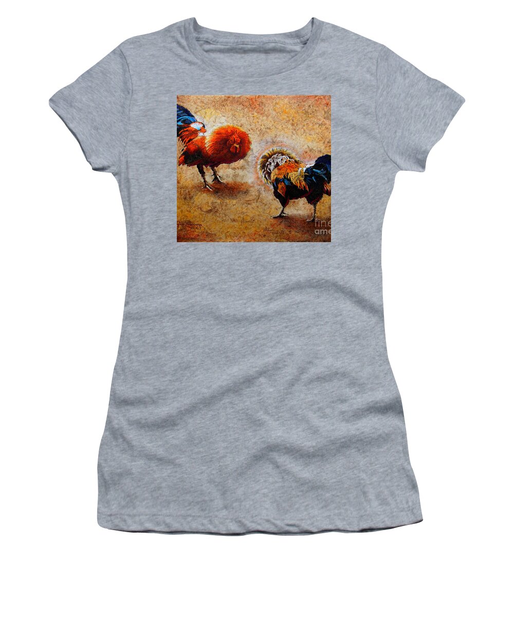 Roosters Paintings Women's T-Shirt featuring the painting R O O S T E R S . S C E N E by J U A N - O A X A C A