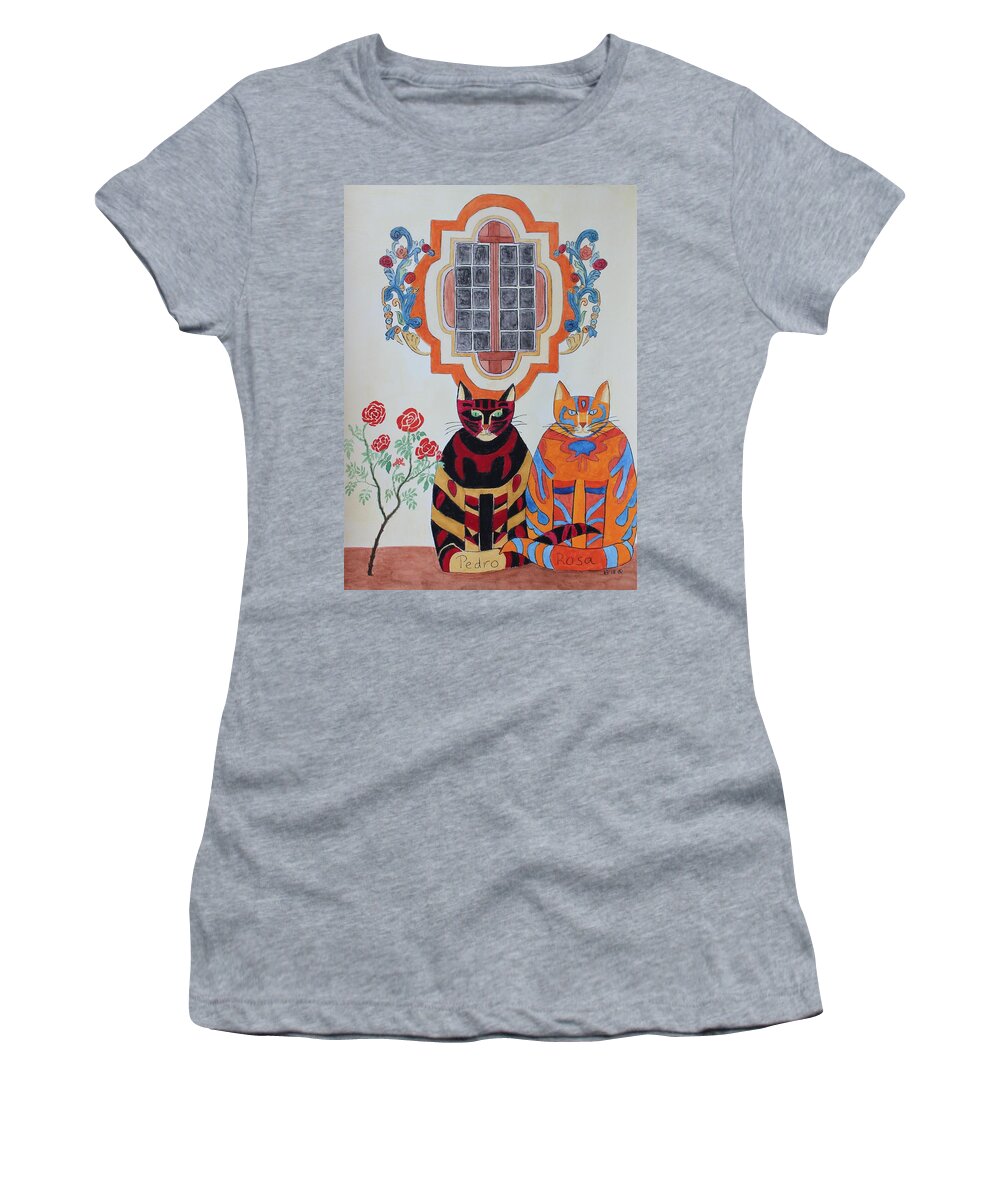 Rose Window Women's T-Shirt featuring the painting Rosa and Pedro of the Rose Window of Mission San Jose by Vera Smith
