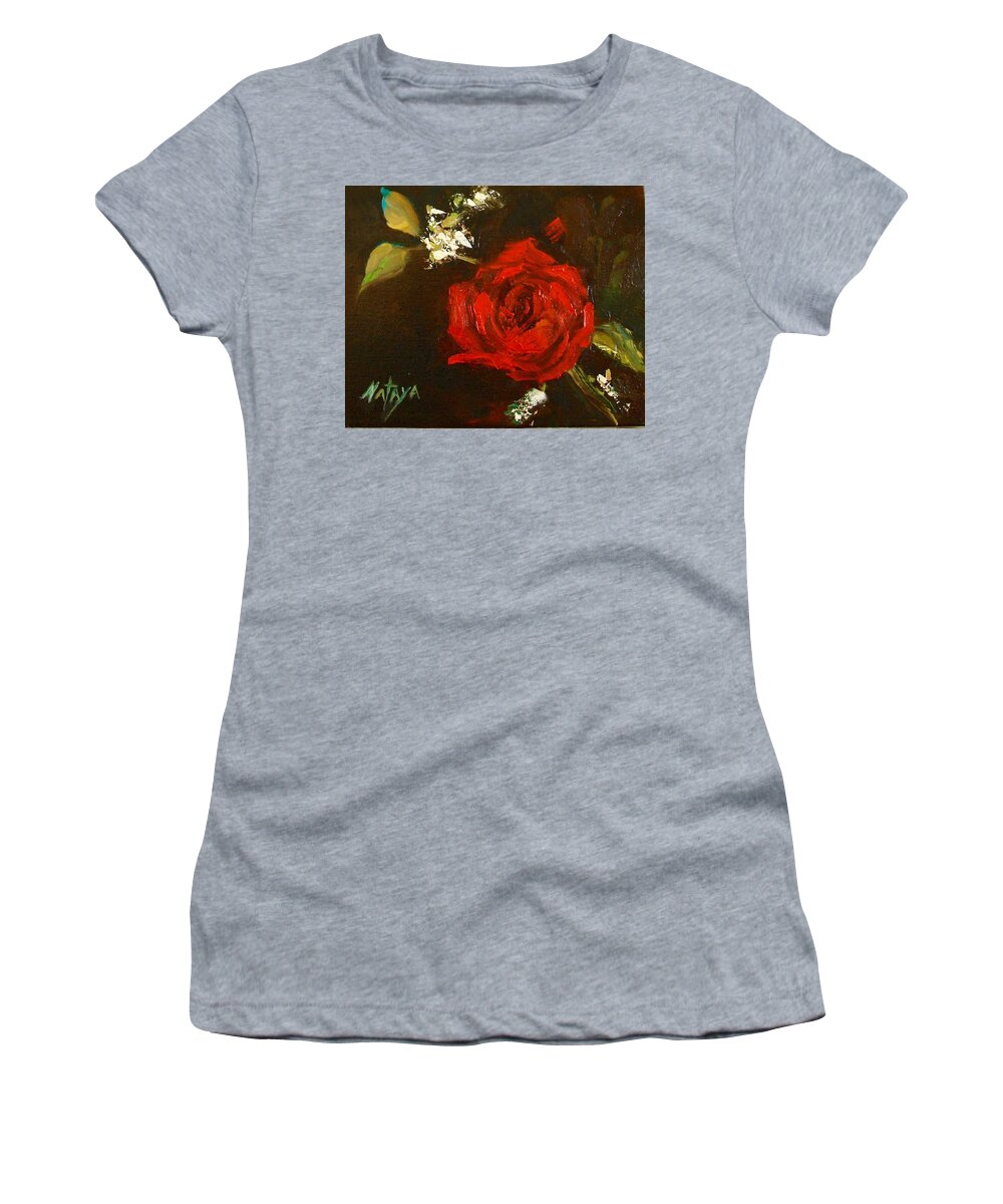 Red Women's T-Shirt featuring the painting Rose Passion by Nataya Crow