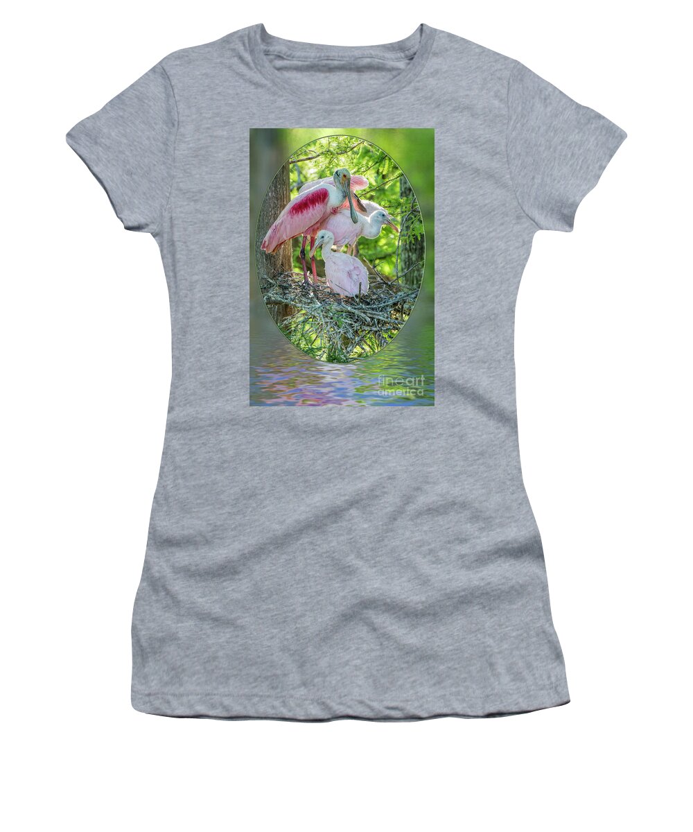Roseate Spoonbills Women's T-Shirt featuring the photograph Roseate Spoonbills in Evangeline Parish Louisiana by Bonnie Barry
