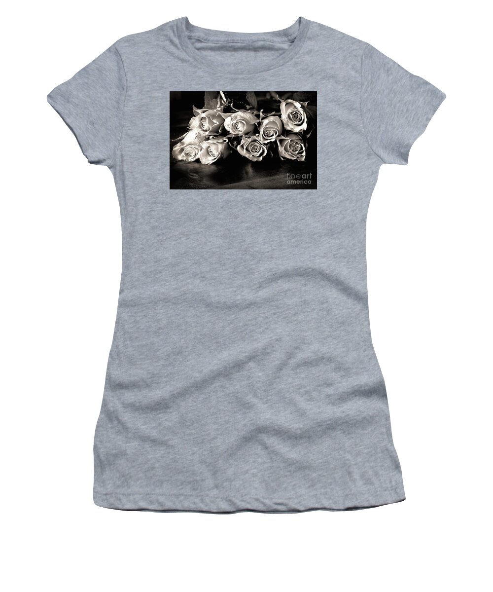 Roses Women's T-Shirt featuring the photograph Roses on a table in black and white by Simon Bratt