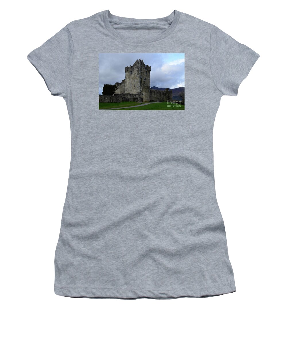 Ross-castle Women's T-Shirt featuring the photograph Ross Castle Ruins in Killarney Ireland on a Cloudy Day by DejaVu Designs