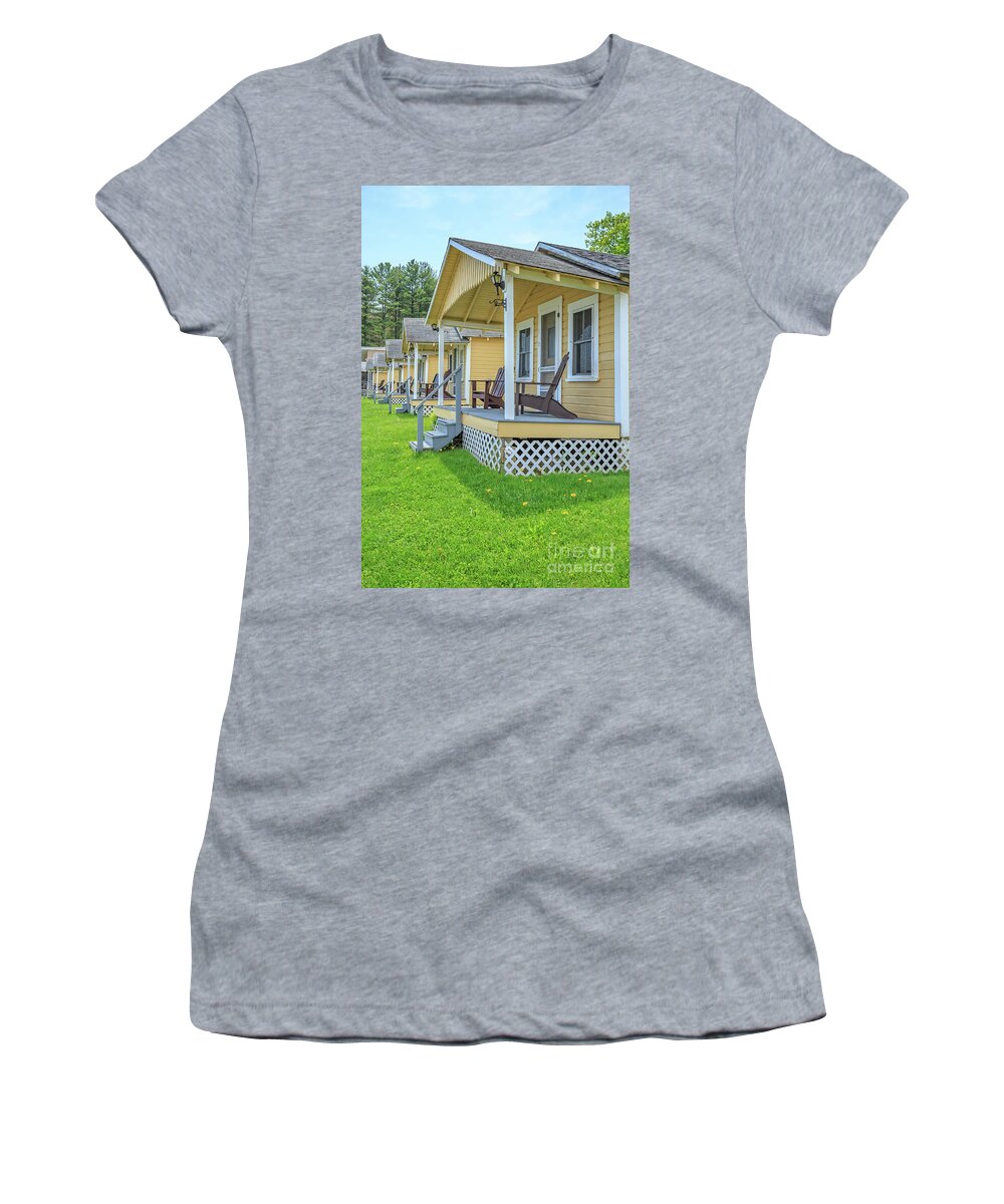 Weirs Beach Women's T-Shirt featuring the photograph Row of vintage yellow rental cottages by Edward Fielding