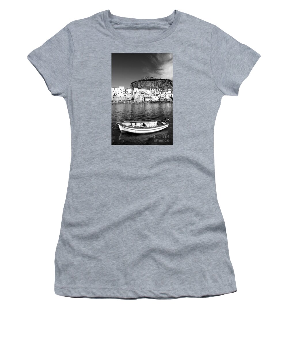 Fishing Boat Women's T-Shirt featuring the photograph Rowboat along an idyllic Sicilian village. by Stefano Senise