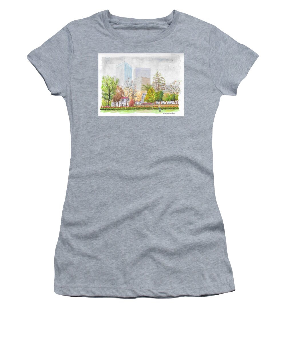 Roxbury Park Women's T-Shirt featuring the painting Roxbury Park in Beverly Hills with Century City in the background, CA by Carlos G Groppa