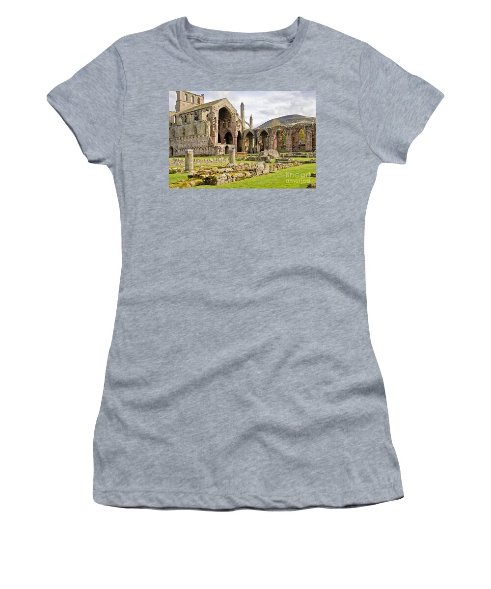 Melrose Abbey Women's T-Shirt featuring the photograph Ruins. Melrose Abbey. by Elena Perelman