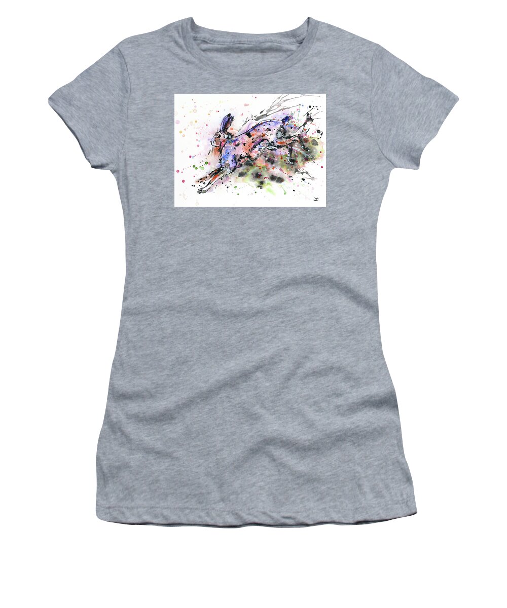 Hare Women's T-Shirt featuring the painting Running Hare by Zaira Dzhaubaeva