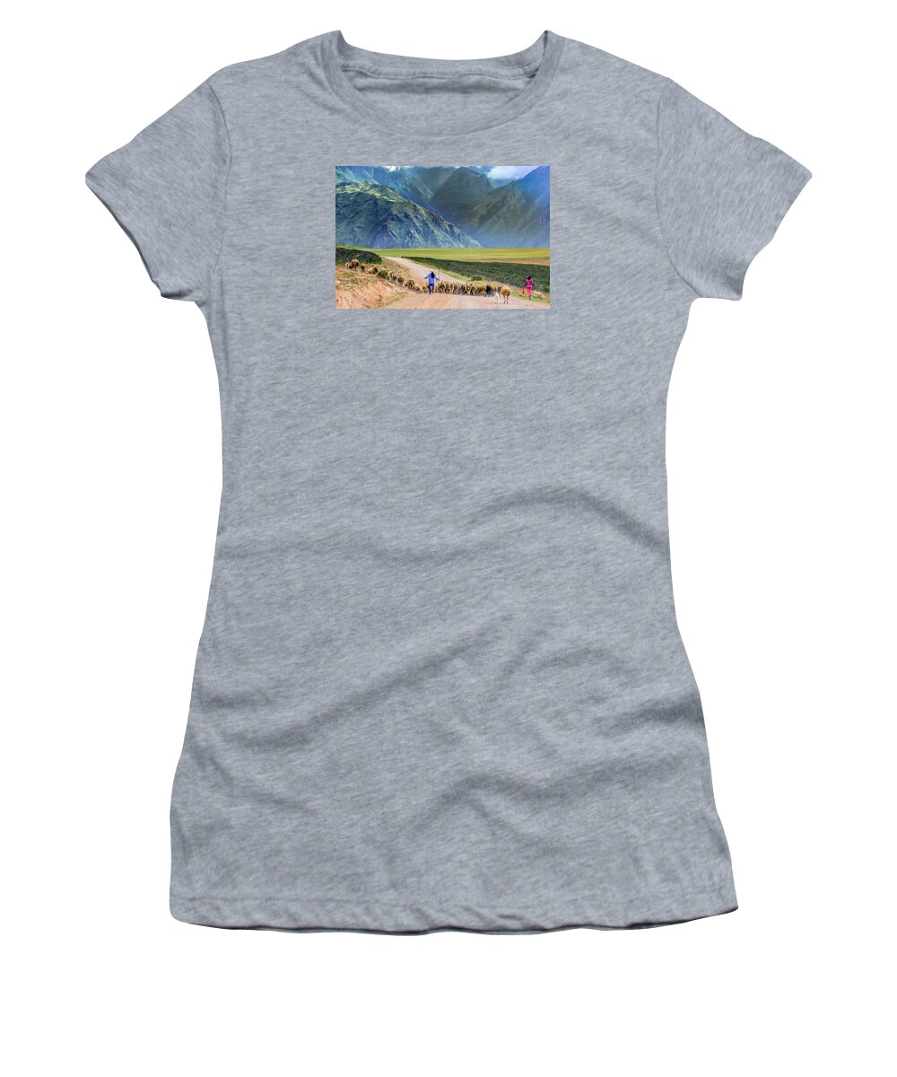Herding Women's T-Shirt featuring the pyrography Running the Sheep by David Meznarich