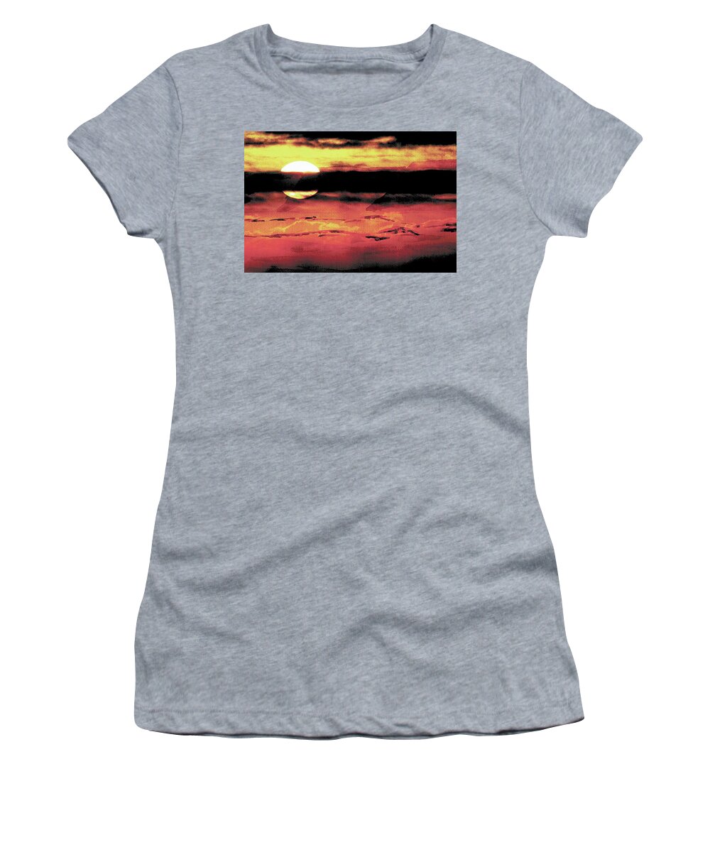 Resset Sunset Ocean Sea Gothic Clouds Silhouette Darkness Sundown Spiritual Evening Breathtaking Brilliant Red Brown Nature Landscape Horizontal Outdoors Night Waves Women's T-Shirt featuring the painting Russet Sunset by Paula Ayers