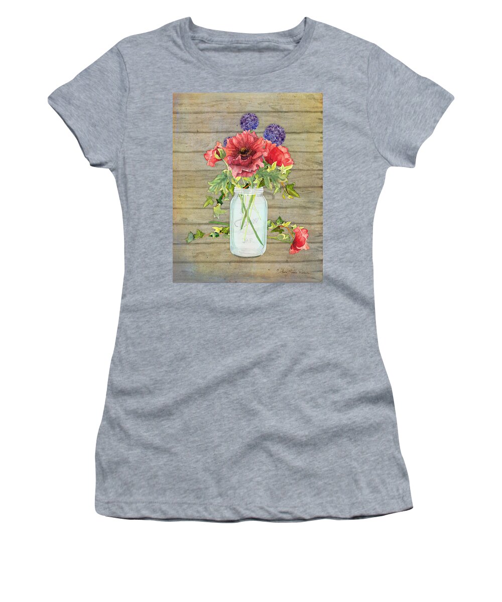 Watercolor Women's T-Shirt featuring the painting Rustic Country Red Poppy w Alium n Ivy in a Mason Jar Bouquet on Wooden Fence by Audrey Jeanne Roberts