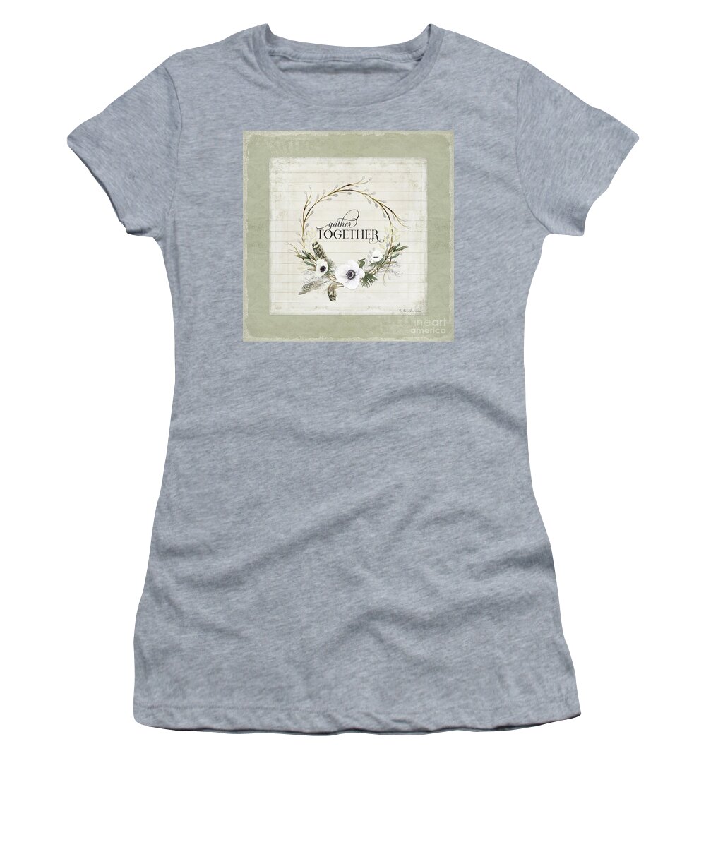 Gather Together Women's T-Shirt featuring the painting Rustic Farmhouse Gather Together Shiplap Wood Boho Feathers n Anemone Floral by Audrey Jeanne Roberts