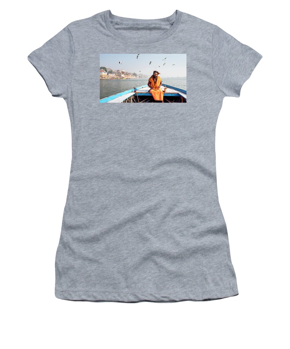 Asia Women's T-Shirt featuring the photograph Sadhu in a boat. by Usha Peddamatham
