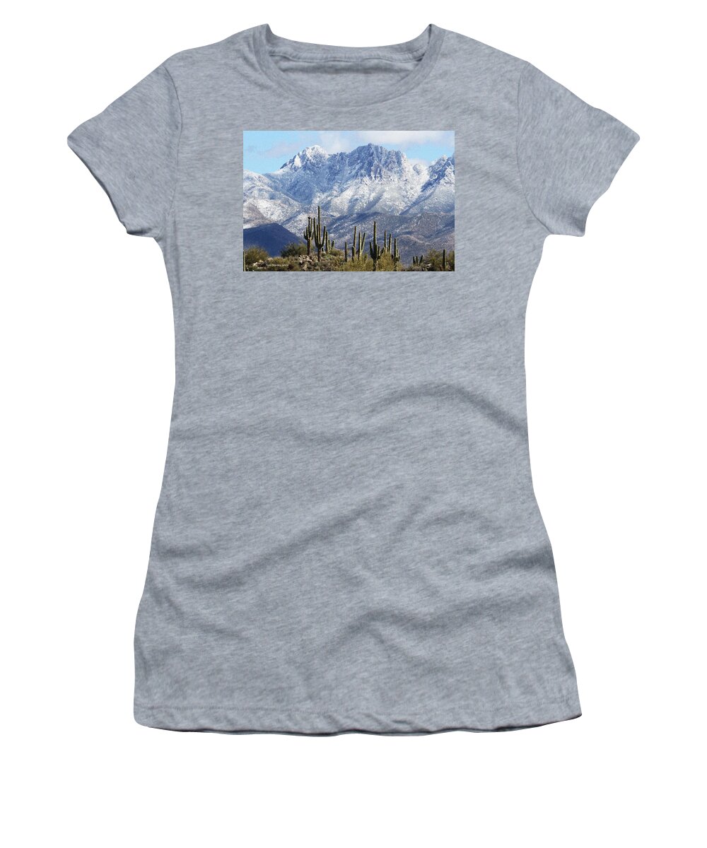 Saguaros At Four Peaks With Snow Women's T-Shirt featuring the photograph Saguaros At Four Peaks With Snow by Tom Janca