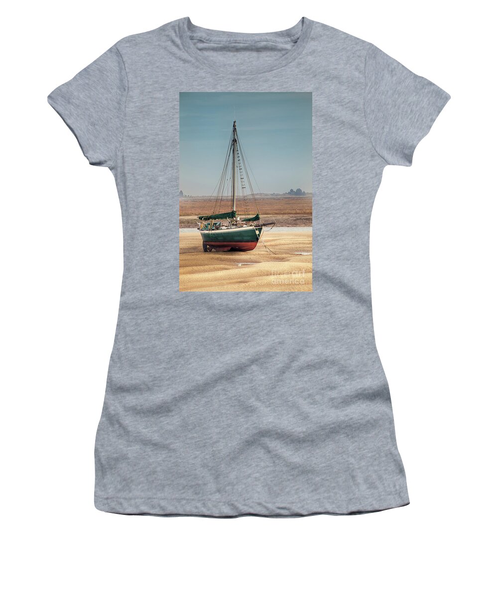 Wells Women's T-Shirt featuring the photograph Norfolk sail boat stranded at low tide by Simon Bratt