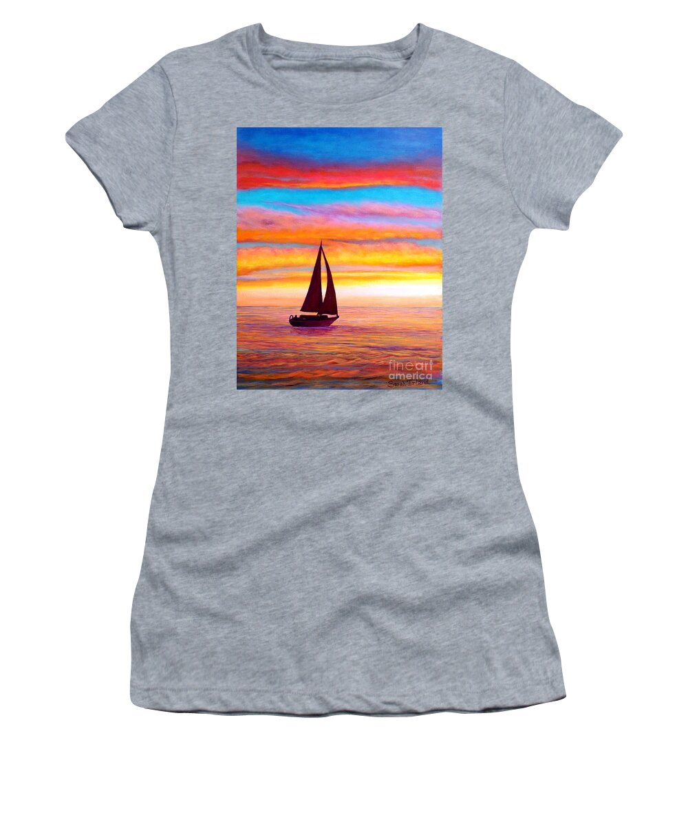 Waterscape Women's T-Shirt featuring the painting Sailboat at Sunset by Sarah Irland