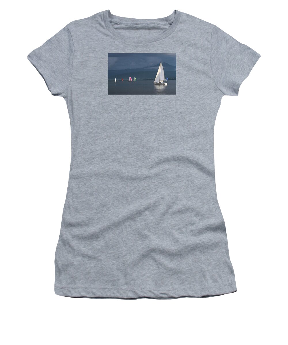 Boat Women's T-Shirt featuring the photograph Sailing boats by stormy weather, Geneva lake, Switzerland by Elenarts - Elena Duvernay photo