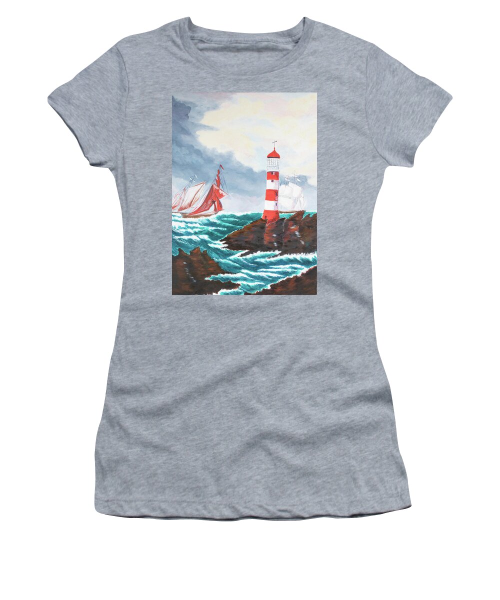 Balener Women's T-Shirt featuring the painting Sailing Past the Lighthouse by Laura Richards