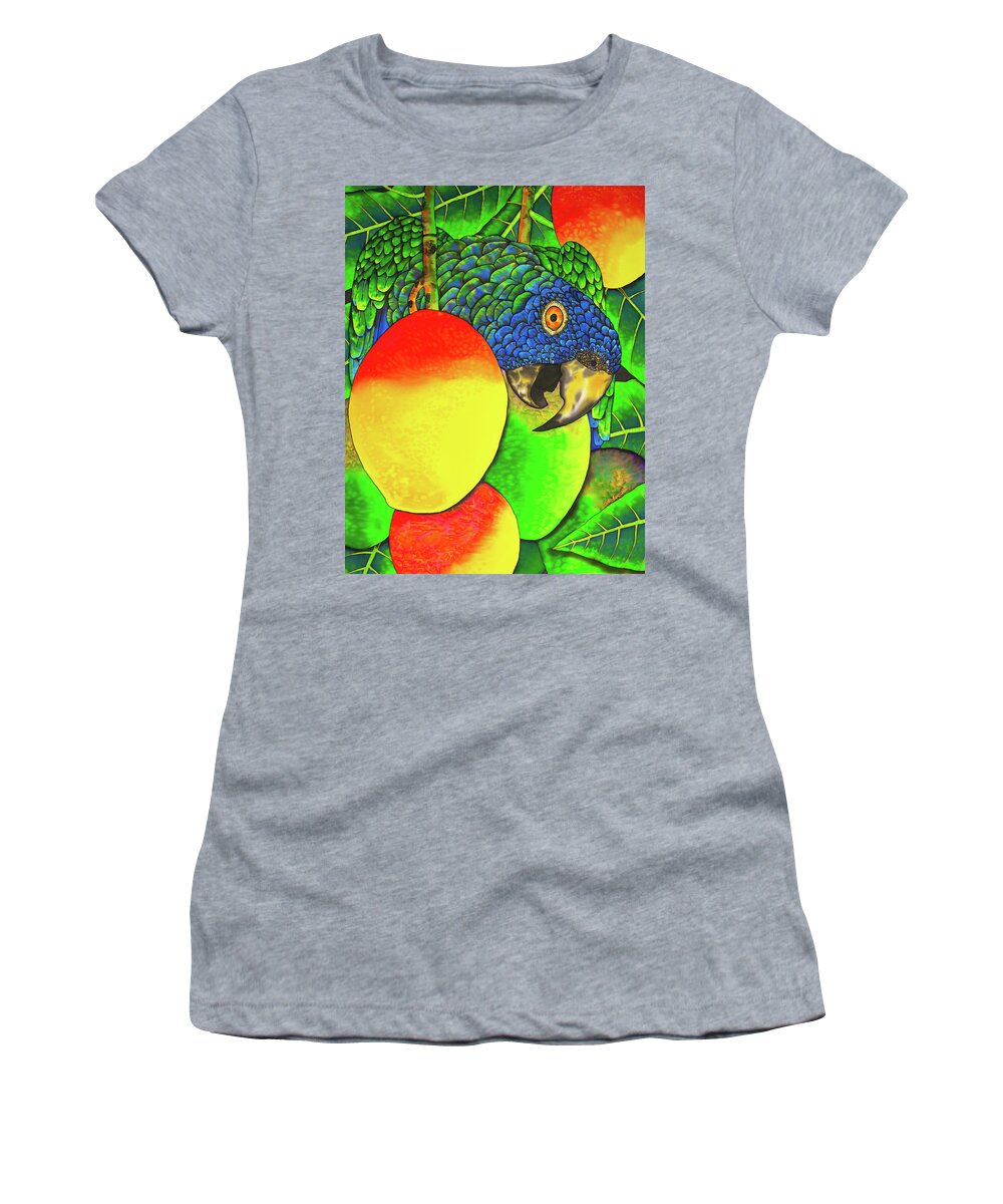 Bird Women's T-Shirt featuring the painting Saint Lucia parrot with mangos by Daniel Jean-Baptiste