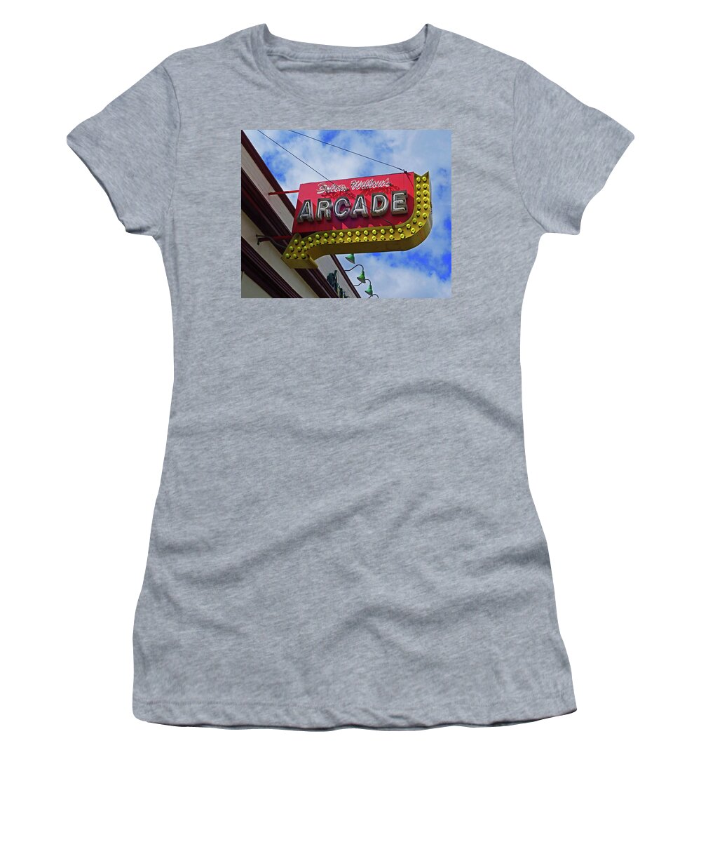 Salem Women's T-Shirt featuring the photograph Salem Willows Arcade Sign Salem MA by Toby McGuire