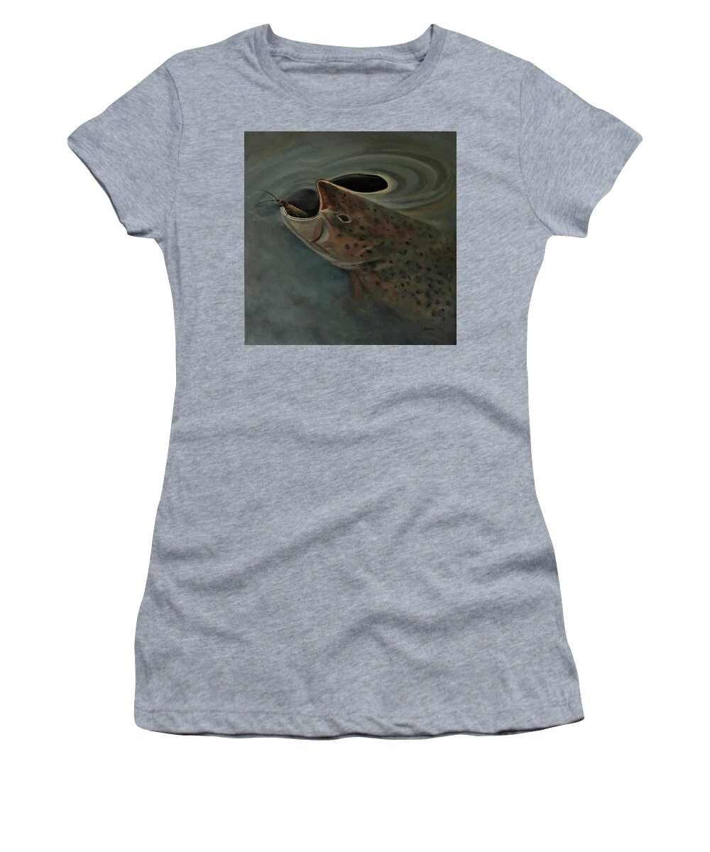 Fishing Women's T-Shirt featuring the painting Salmon Flies are Back by Les Herman