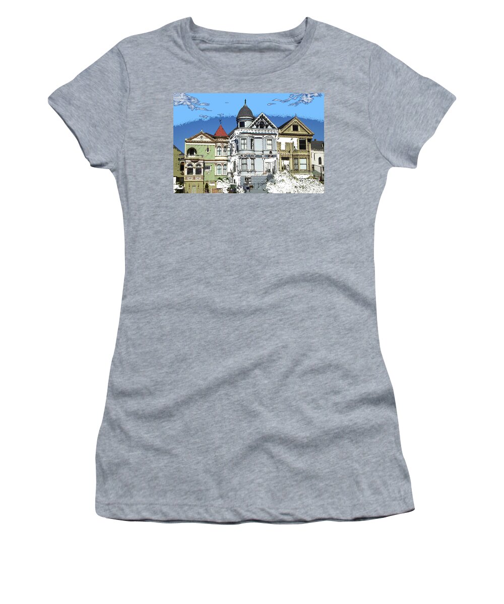 Sanfrancisco Women's T-Shirt featuring the drawing San Francisco Alamo Square - Modern Art Painting by Peter Potter