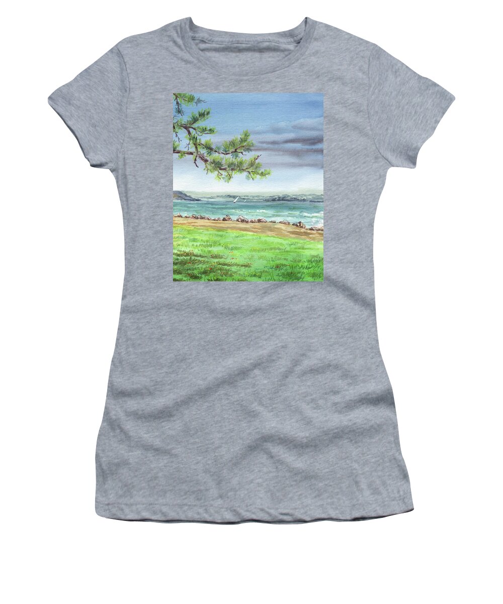 Boats Women's T-Shirt featuring the painting San Francisco Bay Shore Watercolour Landscape by Irina Sztukowski