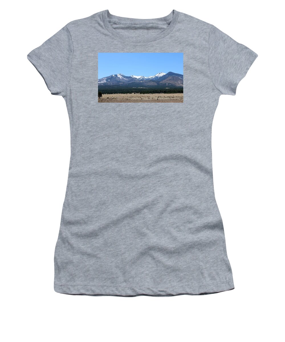 Sunset Crater National Monument Women's T-Shirt featuring the photograph San Francisco Peaks at Sunset Crater Volcano National Monument by Christy Pooschke