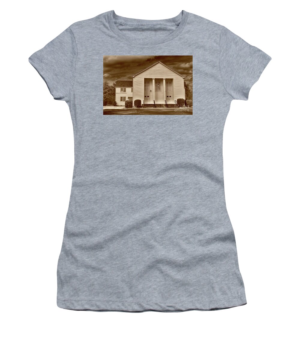 Scenic Tours Women's T-Shirt featuring the photograph Sandy Level Baptist In Sepia Tones by Skip Willits