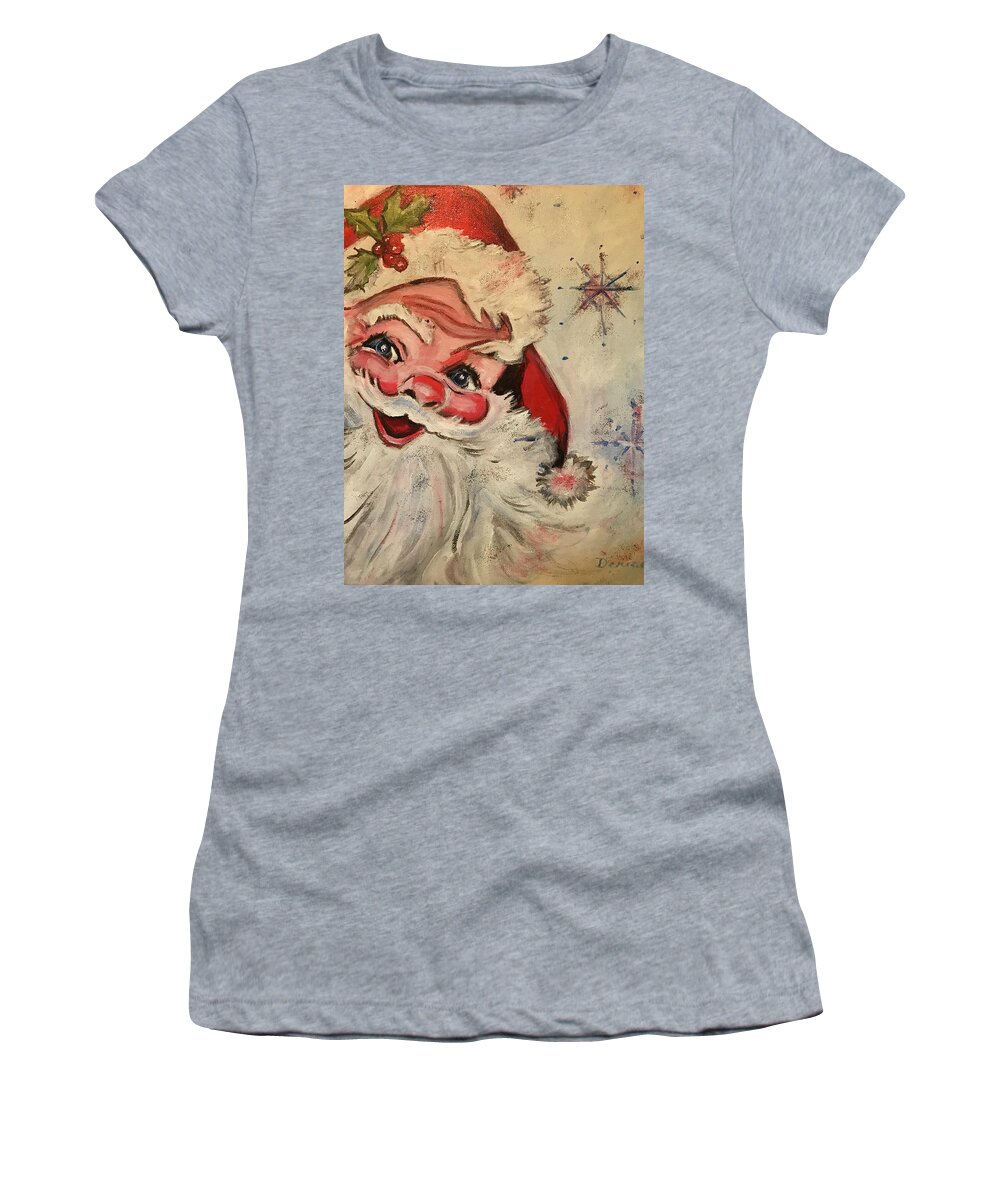  Women's T-Shirt featuring the painting Santa and Snowflakes by Denice Palanuk Wilson