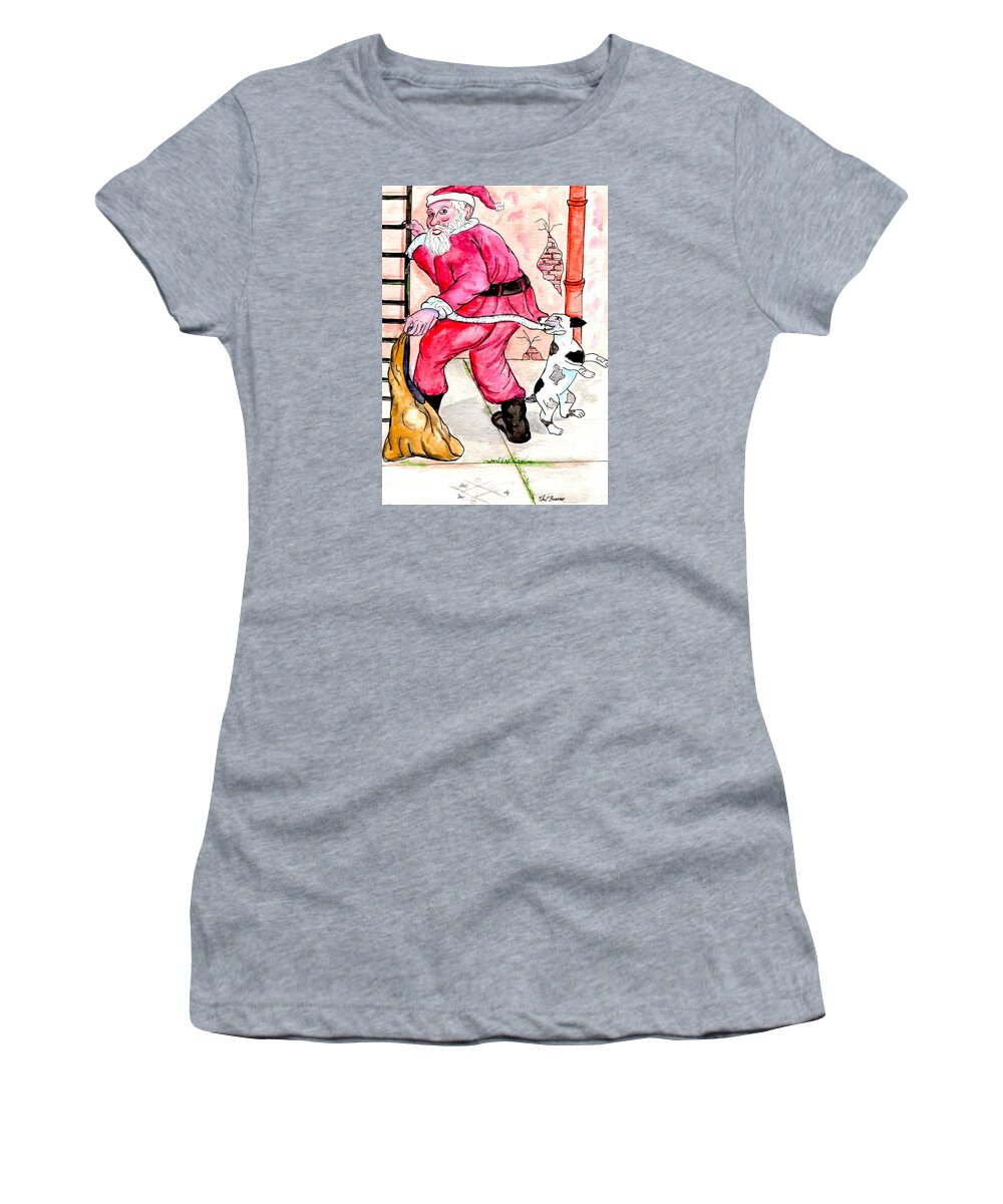Santa Women's T-Shirt featuring the mixed media Santa Climbs The Ladder by Philip And Robbie Bracco