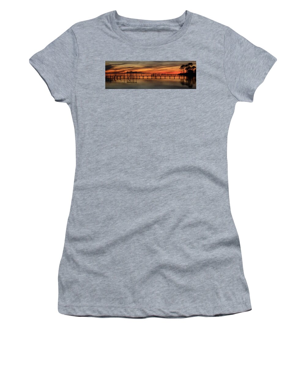 15 January 2012 Women's T-Shirt featuring the photograph Santa Rosa Sound Sunset Silhouettes Panoramic by Jeff at JSJ Photography