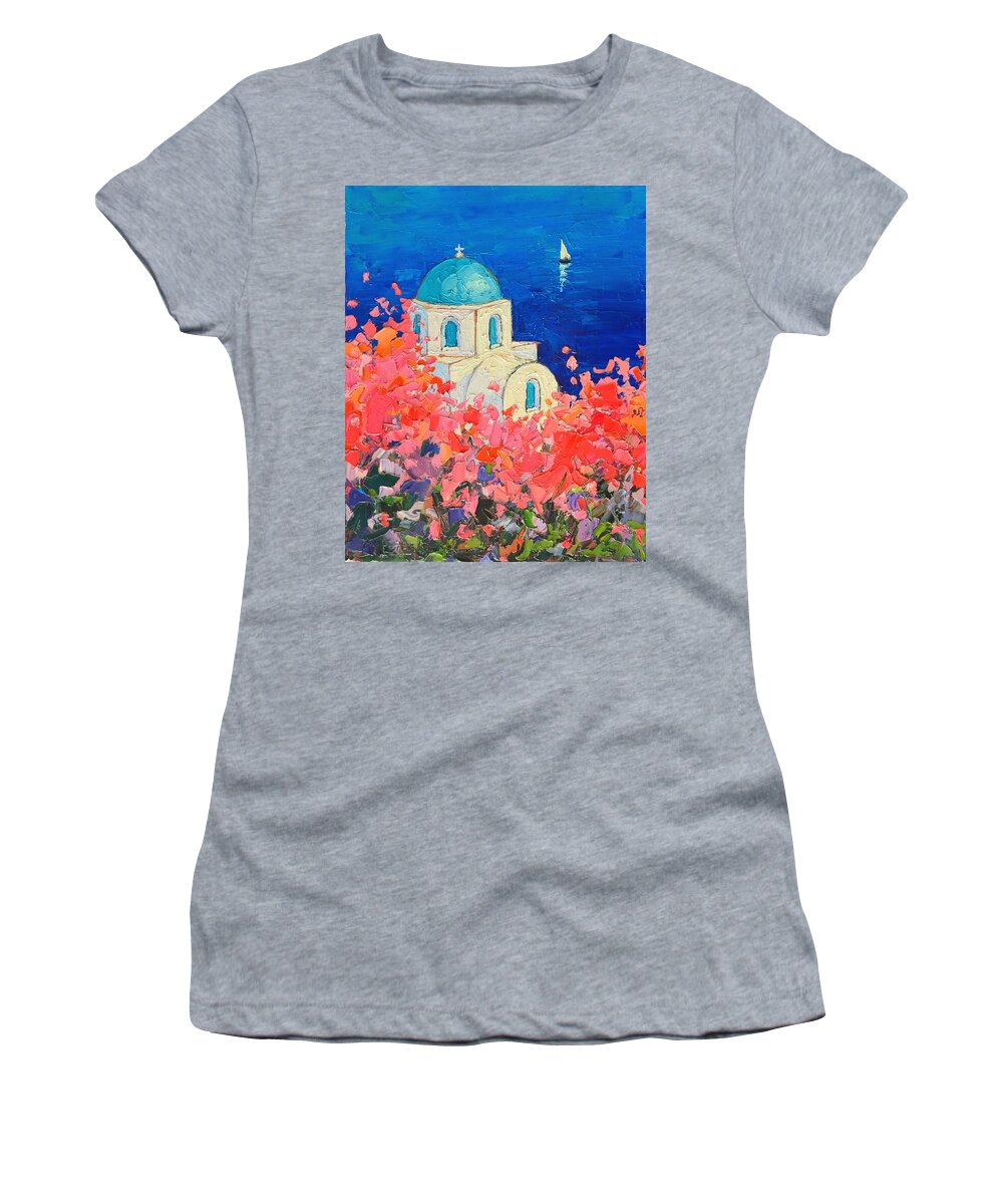Santorini Women's T-Shirt featuring the painting Santorini Impression - Full Bloom In Santorini Greece by Ana Maria Edulescu