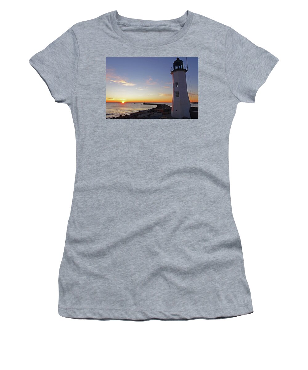 Scituate Women's T-Shirt featuring the photograph Scituate Lighthouse Scituate Massachusetts South Shore Sun Rising by Toby McGuire