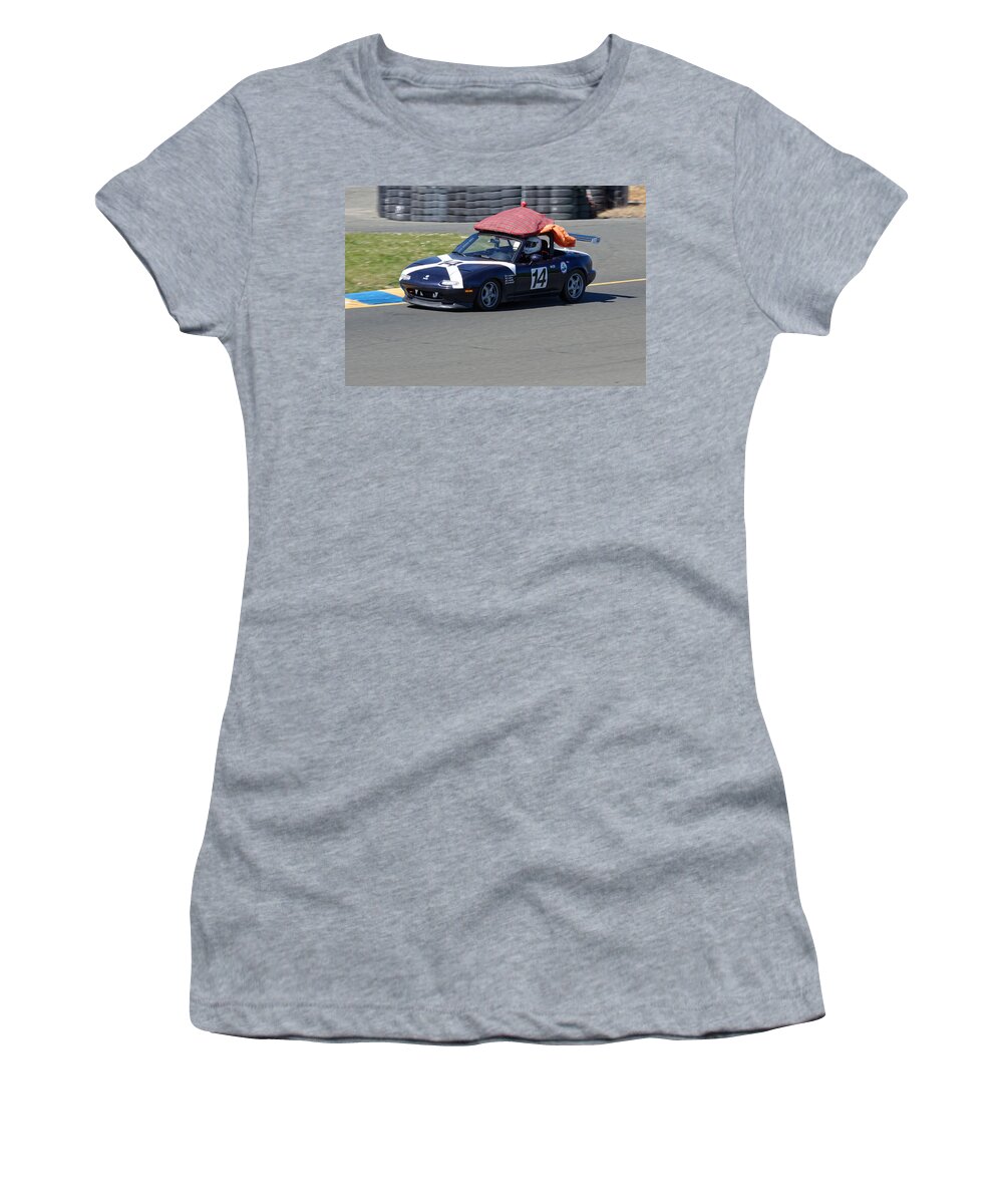Sports Women's T-Shirt featuring the photograph Scotty We Need More Power -- Mazda Miata at the 24 Hours of LeMons Race in Sonoma, California by Darin Volpe