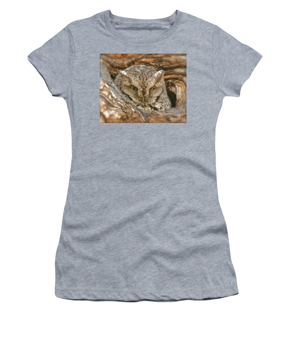 Screech Owl Women's T-Shirt featuring the photograph Screech Owl on Spring Creek by Cindy Schneider