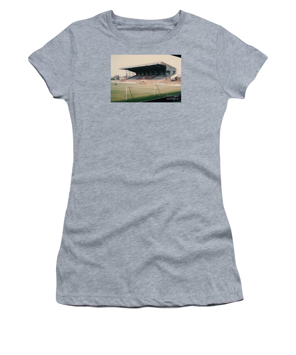  Women's T-Shirt featuring the photograph Scunthorpe United - Old Showground - East Stand 2 - 1970s by Legendary Football Grounds