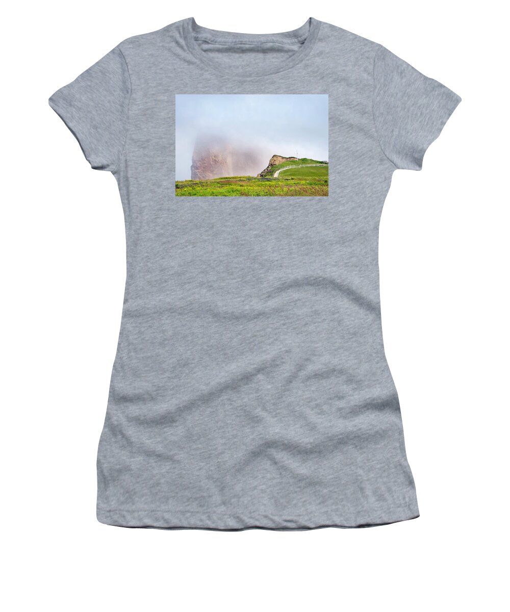 Gaspe Women's T-Shirt featuring the photograph Sea Fog on Perce Rock by Kathy Paynter