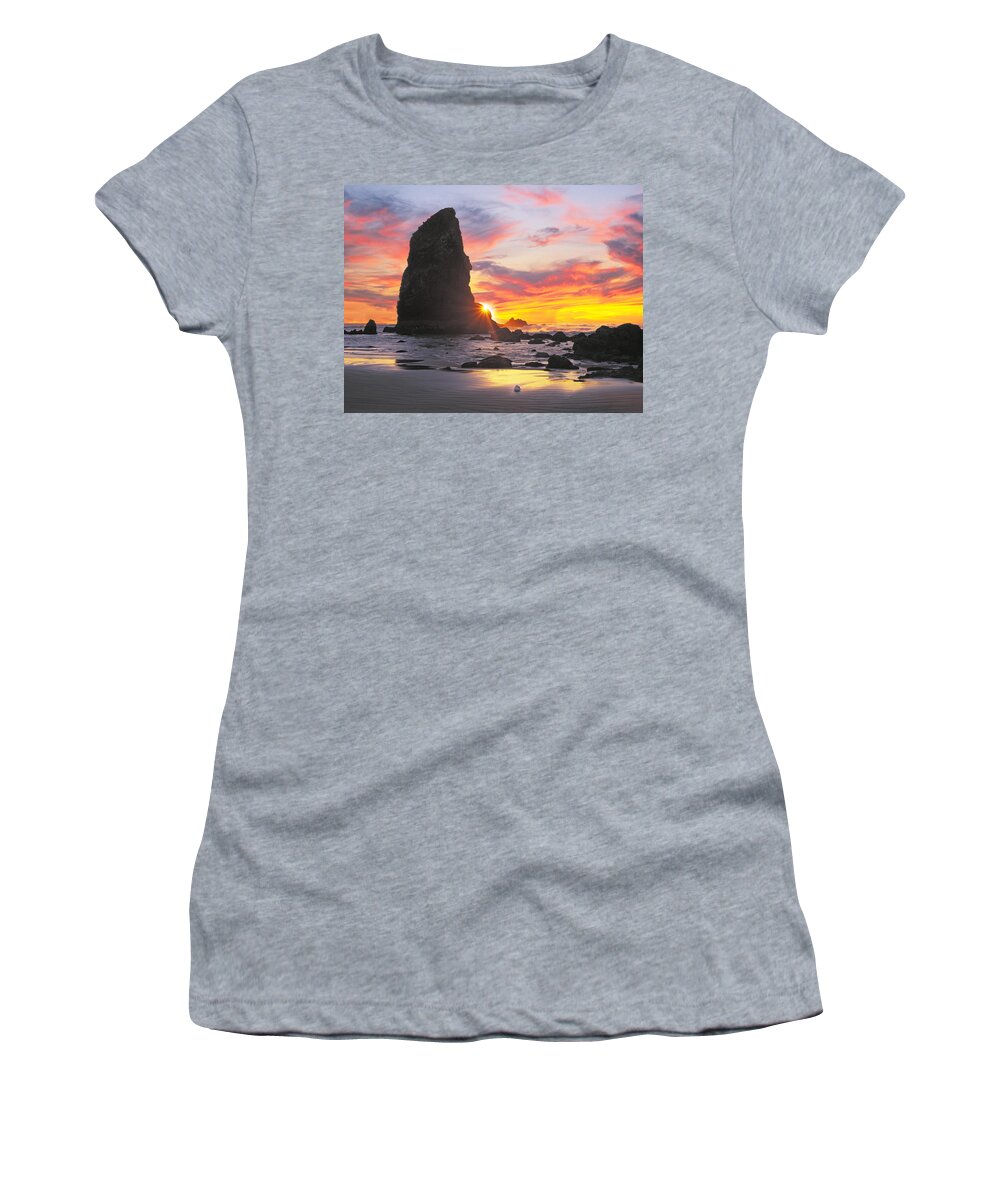 Haystack Rock Women's T-Shirt featuring the photograph Sea Stacks on the Oregon Coast by Buddy Mays