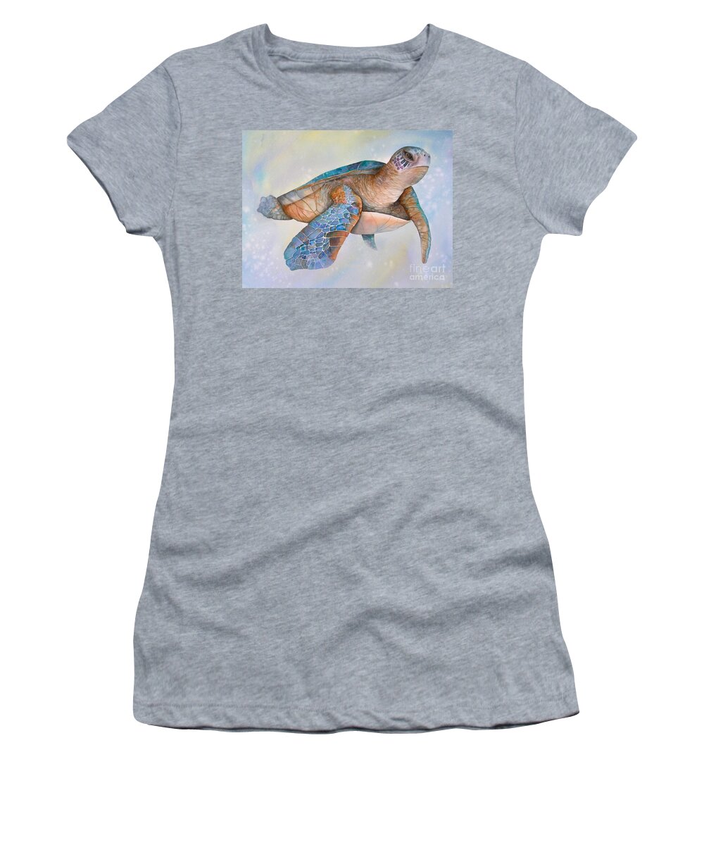 Sea Turtle Women's T-Shirt featuring the painting Sea Turtle- Twilight Swim by Midge Pippel