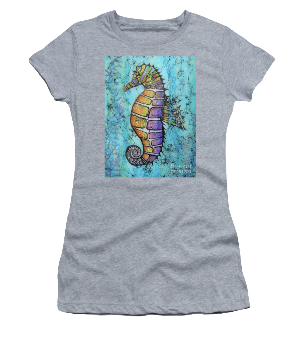 Turquoise Women's T-Shirt featuring the painting Seahorse Downunder by Midge Pippel