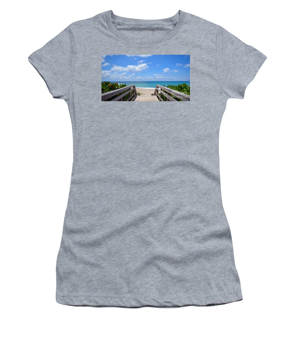 ricardo Creations Women's T-Shirt featuring the photograph Seascape Sunrise Morning Boardwalk Beach B1 by Ricardos Creations